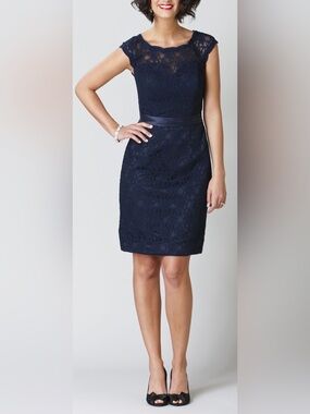 Kennedy Blue Navy Lace Cap-Sleeve Dress with Satin Waist Tie